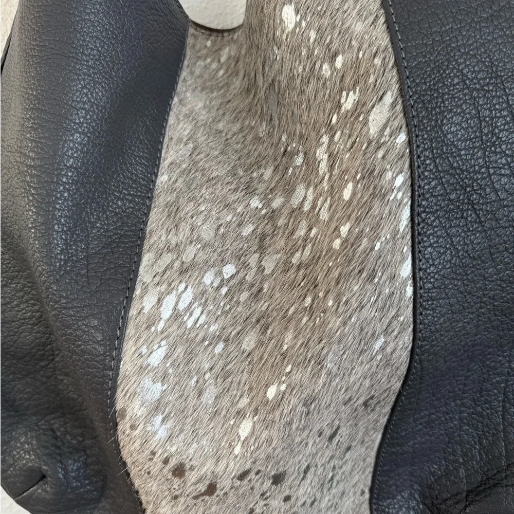 Bella by Sharif Gray Leather Hobo Bag with Cowhide Detail - Picture 4 of 14